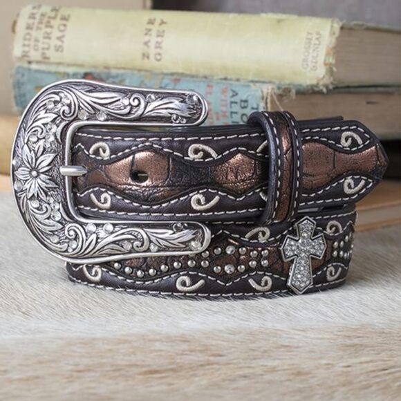 9692 Youth Girls Rhinestone Cross Conchos Faux Crocodile Belt, Brown main image 4